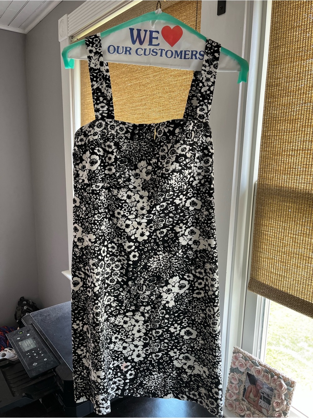 Black and White Floral Mini Dress with Wide Straps